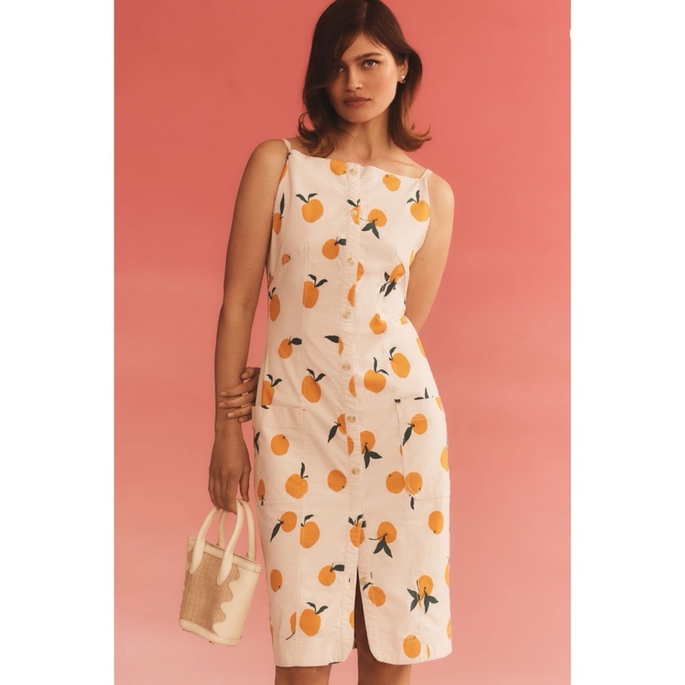 Anthropologie Maeve Colette Orange Print Midi Dress Medium Button Front Vacation